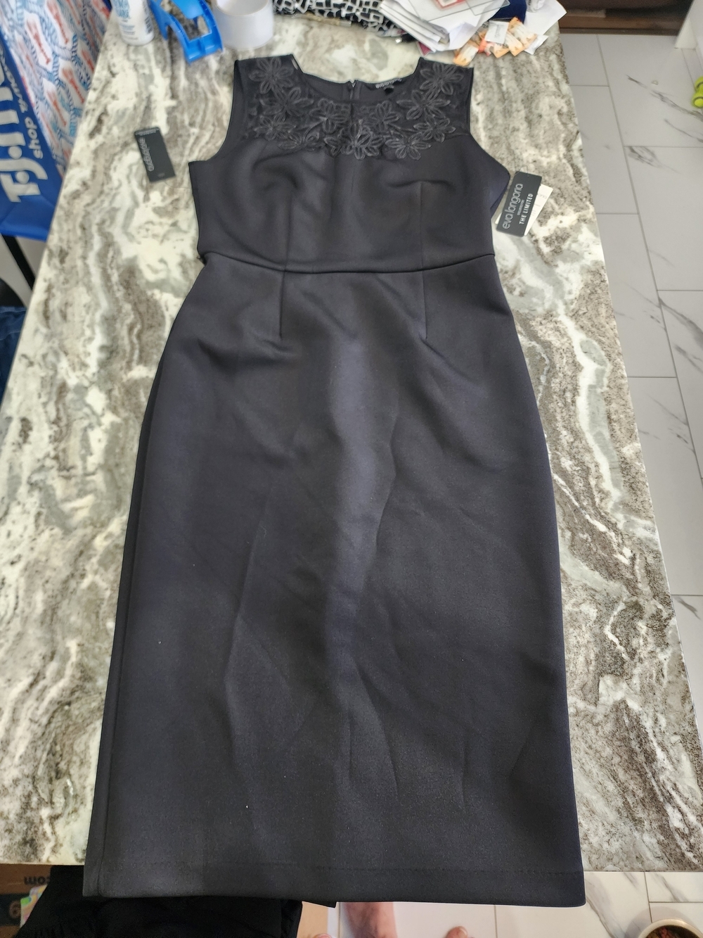 Sleeveless Black Midi Sheath Dress with Floral Yoke